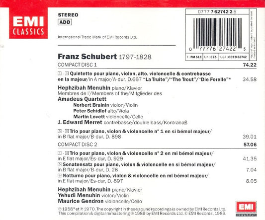 Franz Schubert / Hephzibah Menuhin, Yehudi Menuhin, Maurice Gendron, Amadeus-Quartett : Quintette "La Truite" - Trios Op. 99 & 100 - Sonatensatz - Notturno (2xCD, Comp)