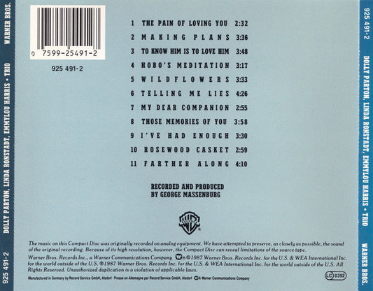 Dolly Parton, Linda Ronstadt, Emmylou Harris : Trio (CD, Album, SRC)