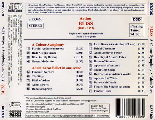 Arthur Bliss / English Northern Philharmonia, David Lloyd-Jones : A Colour Symphony • Adam Zero (CD, Album)