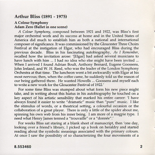 Arthur Bliss / English Northern Philharmonia, David Lloyd-Jones : A Colour Symphony • Adam Zero (CD, Album)