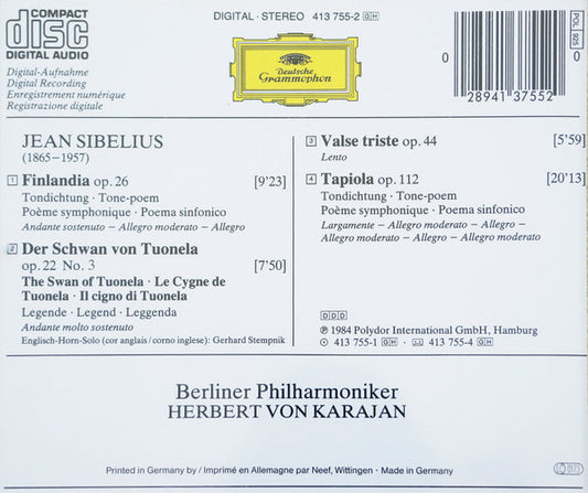 Jean Sibelius - Berliner Philharmoniker · Herbert von Karajan : Finlandia · Valse Triste · Tapiola · Der Schwan Von Tuonela = The Swan Of Tuonela (CD, Album)