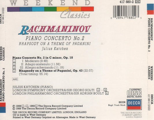 Rachmaninov*, Julius Katchen : Piano Concerto No. 2 / Rhapsody On A Theme Of Paganini (CD, Comp)