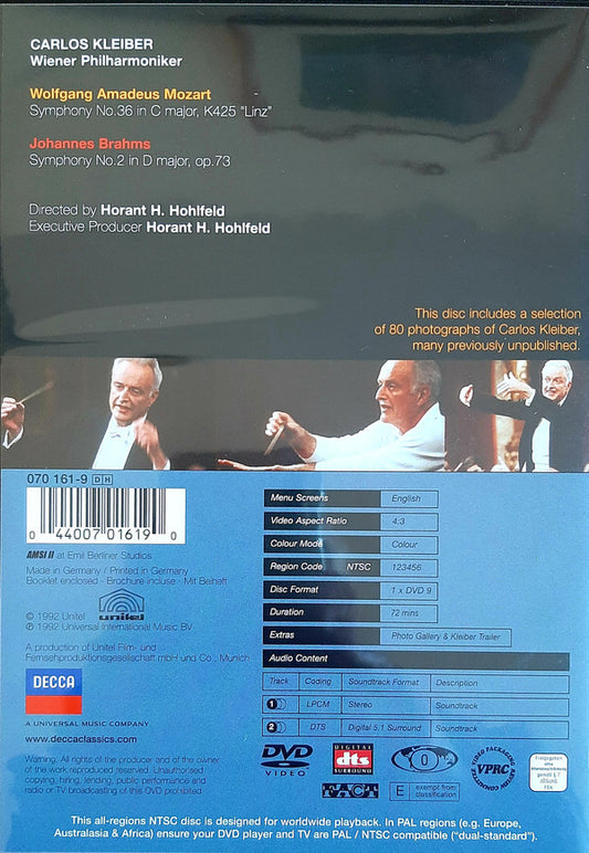 Carlos Kleiber, Wiener Philharmoniker, Mozart*, Brahms* : Mozart Symphony No. 36 In C, K. 425 'Linz' - Brahms Symphony No. 2 In D, Op. 73 (DVD, NTSC)