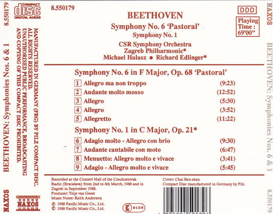 Ludwig Van Beethoven - Slovak Radio Symphony Orchestra, Zagrebačka Filharmonija, Michael Halász, Richard Edlinger : Symphony No. 6 'Pastoral', Symphony No. 1 (CD, Album)