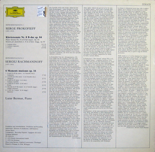 Sergei Prokofiev / Sergei Vasilyevich Rachmaninoff, Lazar Berman : Sonate Nr. 8 B-dur = B Flat Major / 6 Moments Musicaux (LP)