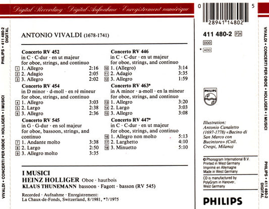 Antonio Vivaldi - I Musici, Heinz Holliger, Klaus Thunemann : 5 Concerti Per Oboe / Concerto Per Oboe & Fagotto RV 545 (CD, Comp)