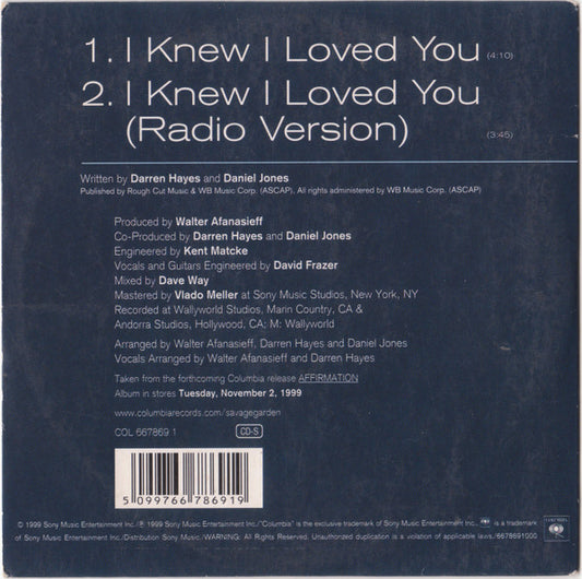 Savage Garden : I Knew I Loved You (CD, Single, Car)