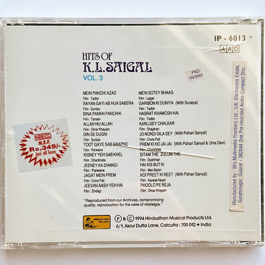 K. L. Saigal : Hits Of K.L. Saigal Vol. 3 (CD, Comp)