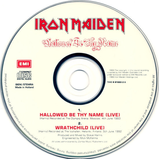 Iron Maiden : Hallowed Be Thy Name (CD, Single, Car)