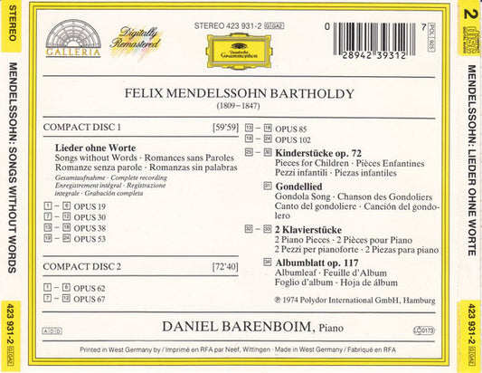 Felix Mendelssohn-Bartholdy, Daniel Barenboim : Lieder Ohne Worte. Gesamtaufnahme (2xCD, Album, RE, RM)