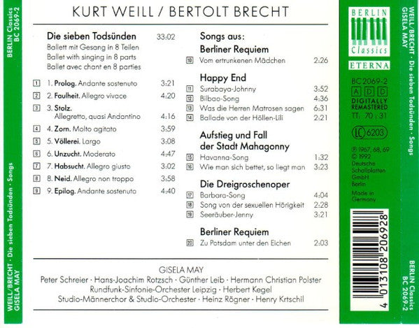Kurt Weill, Bertolt Brecht, Gisela May, Herbert Kegel, Heinz Rögner : Die Sieben Todsünden / Songs (CD, Comp, RE)