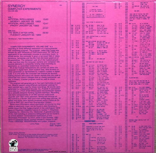 Synergy (3) : Computer Experiments Volume One (LP, Ltd, Num)