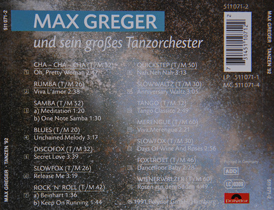 Max Greger Und Sein Großes Tanzorchester : Tanzen '92 (CD, Album)
