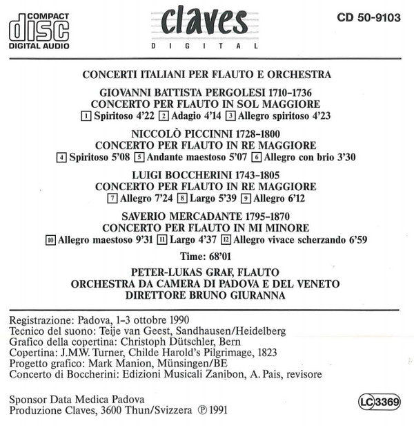 Giovanni Battista Pergolesi, Niccolò Piccinni, Luigi Boccherini, Giuseppe Saverio Mercadante, Peter-Lukas Graf, Orchestra Di Padova E Del Veneto, Bruno Giuranna : Italian Flute Concertos (CD, Album)
