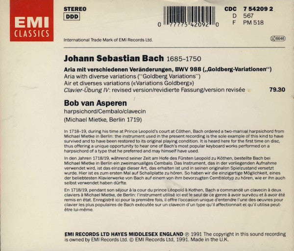 Johann Sebastian Bach, Bob Van Asperen : Goldberg-Variationen (CD, Album)
