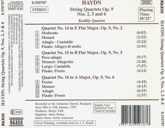 Joseph Haydn, Kodály Quartet : String Quartets Op. 9 Nos. 2, 5 And 6 (CD, Album, RE)