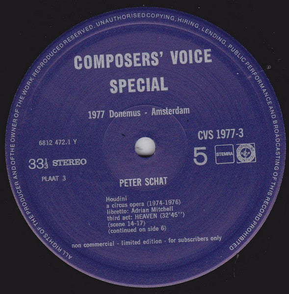 Peter Schat & Adrian Mitchell (2) – Concertgebouworkest, Nederlands Opera Koor, The National Ballet, The Amsterdam Electric Circus, Studio Silver Strings, Circle Ensemble , Conductor Hans Vonk , Soloists: Jerold Norman, Sarah Velden, Jennie Veeninga, Ja : Houdini – A Circus Opera – Live Recording (3xLP, Ltd + Box)