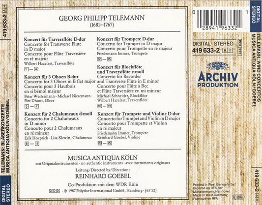Georg Philipp Telemann - Musica Antiqua Köln, Reinhard Goebel : Bläserkonzerte = Wind Concertos = Concertos Pour Instruments À Vent (CD, Album)
