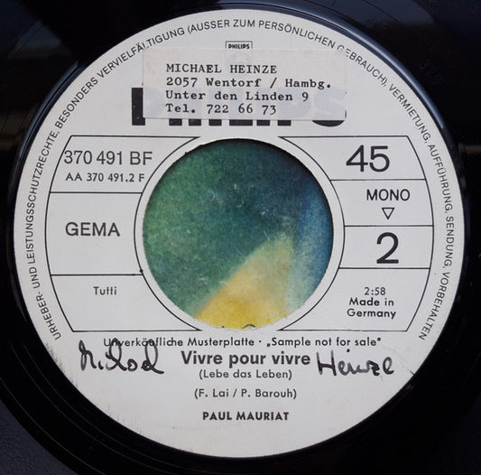 Paul Mauriat And His Orchestra : Love Is Blue (7", Single, Mono, Promo)