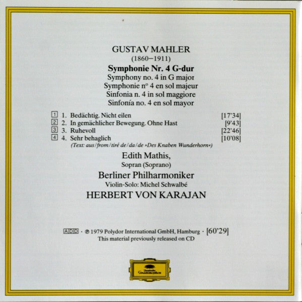 Gustav Mahler - Edith Mathis, Berliner Philharmoniker, Herbert von Karajan : Symphonie No. 4 (CD, Album, RE, RM)