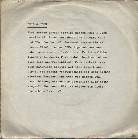 Phil & John : Marina (7", Single)