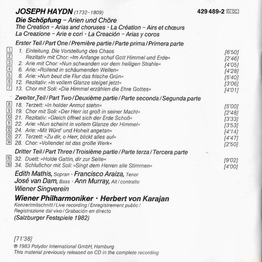 Joseph Haydn, Wiener Philharmoniker / Herbert von Karajan : Die Schöpfung - Arien Und Chöre (CD, RE)