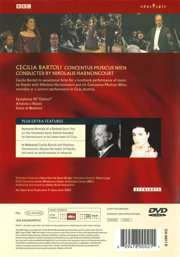 Haydn* - Cecilia Bartoli, Nikolaus Harnoncourt : Arianna A Naxos / Scena Di Berenice / Symphony 92 "Oxford" (DVD-V, Multichannel, PAL)