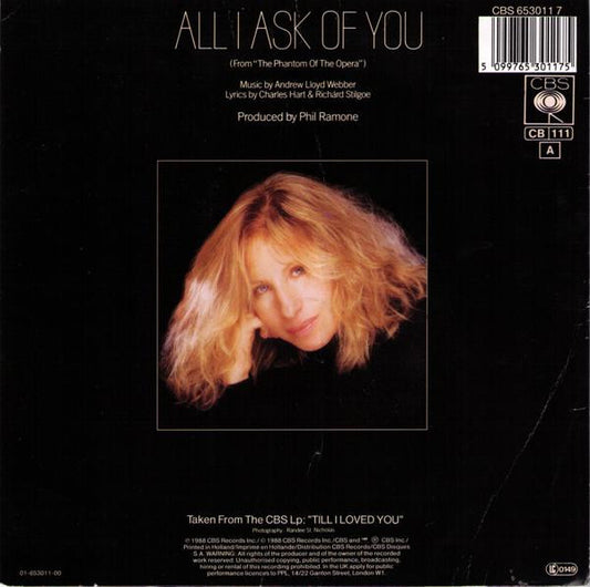 Barbra Streisand : All I Ask Of You (7", Single)