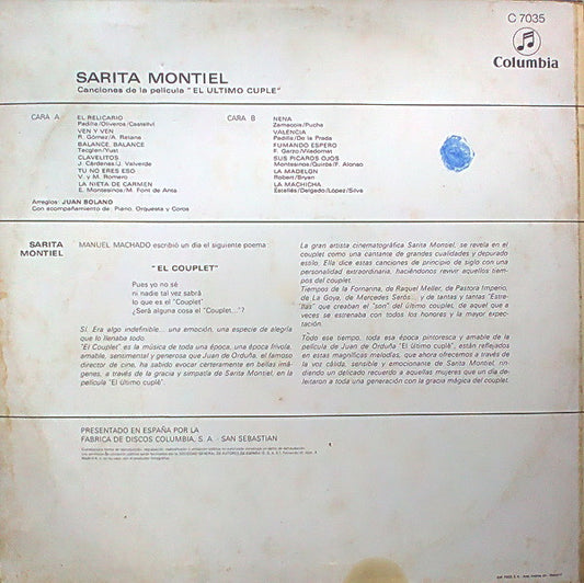 Sara Montiel : Canciones De La Película "El Ultimo Cuplé" (LP, Album, RE)