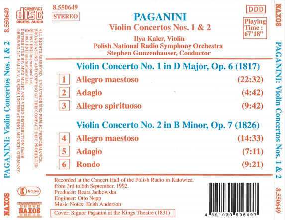 Niccolò Paganini, Ilya Kaler, Polish National Radio Symphony Orchestra, Stephen Gunzenhauser : Violin Concertos No 1, Op. 6 • No. 2, Op. 7 (CD, Album)