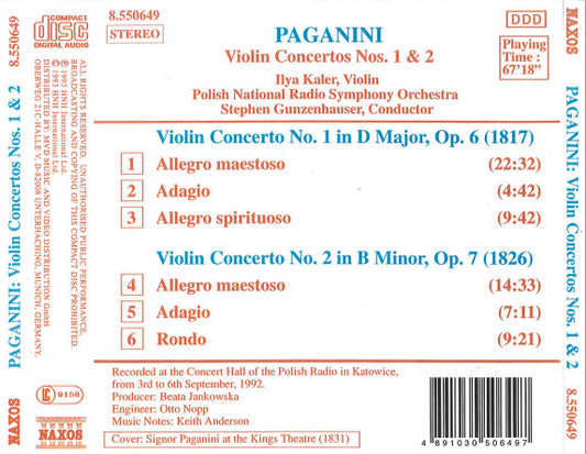 Niccolò Paganini, Ilya Kaler, Polish National Radio Symphony Orchestra, Stephen Gunzenhauser : Violin Concertos No 1, Op. 6 • No. 2, Op. 7 (CD, Album)