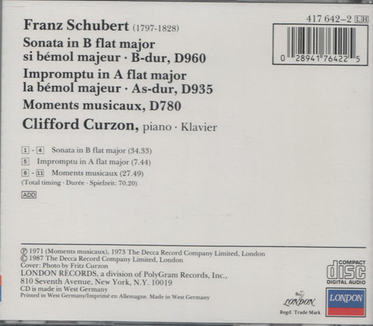 Franz Schubert, Clifford Curzon : Sonata In B Flat Major, D960 / Impromptu In A Flat Major, D935 / Moments Musicaux, D780 (CD, Comp)