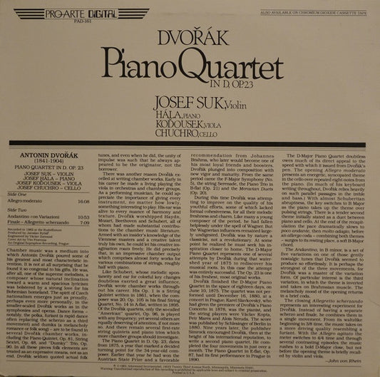 Antonín Dvořák / Josef Suk, Josef Hála, Josef Koďousek, Josef Chuchro : Piano Quartet In D, Op. 23 (LP)