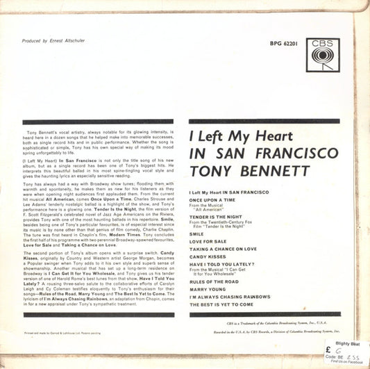 Tony Bennett : I Left My Heart In San Francisco (LP, Album, Mono)