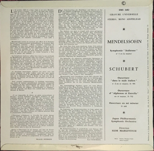 Franz Schubert / Felix Mendelssohn-Bartholdy, Japan Philharmonic Symphony Orchestra, Igor Markevitch : Symphonie N°4 "Italienische" / Drei Ouvertüren (LP, Ste)
