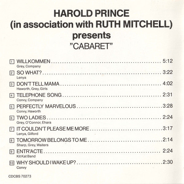 Harold Prince In Association With Ruth Mitchell : Cabaret (Original Broadway Cast Recording) (CD, Album, RE)