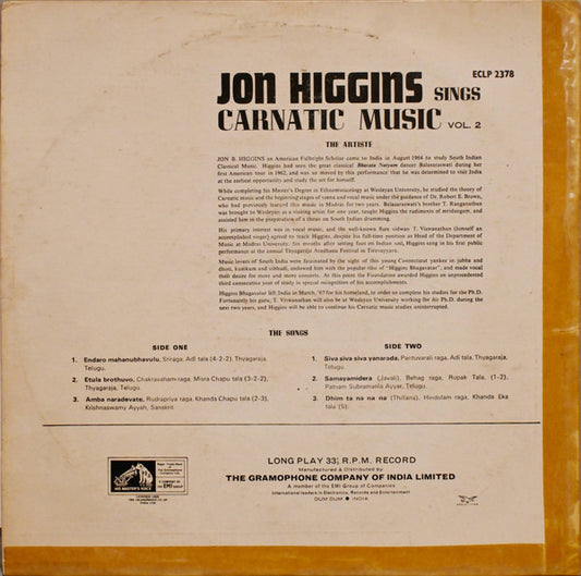 Jon B. Higgins : Jon Higgins Sings Carnatic Music Vol. 2 (LP, Album)