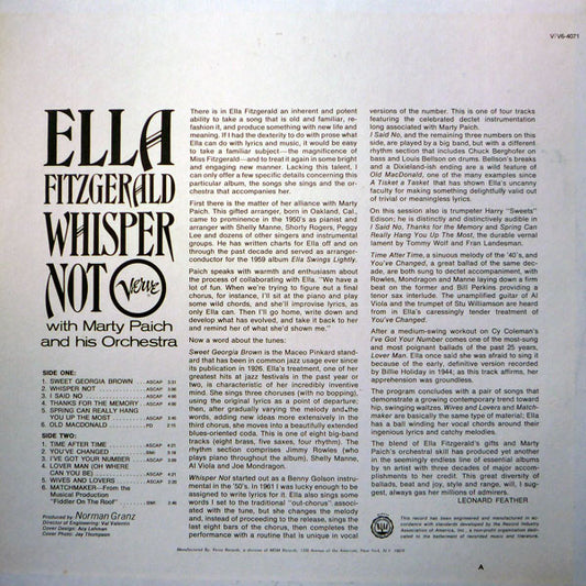 Ella Fitzgerald With Marty Paich Orchestra : Whisper Not (LP)