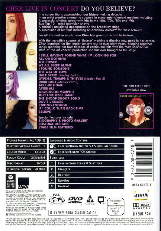 Cher : Live In Concert (DVD-V, Multichannel, PAL, 5.1)