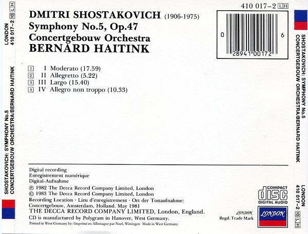 Dmitri Shostakovich - Concertgebouworkest, Bernard Haitink : Symphony No. 5 (CD, Album, RE, RP)