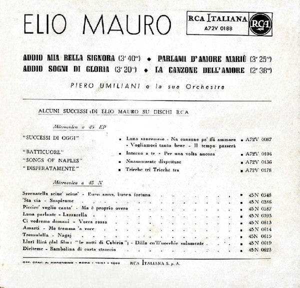Elio Mauro : Addio Mia Bella Signora (7", EP, Mono)