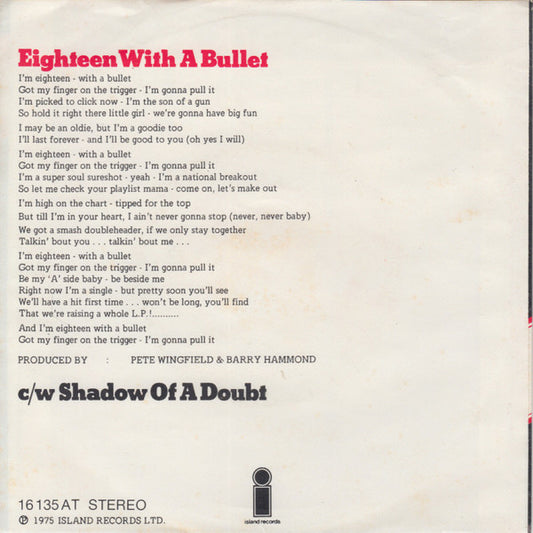 Pete Wingfield : Eighteen With A Bullet (7", Single)