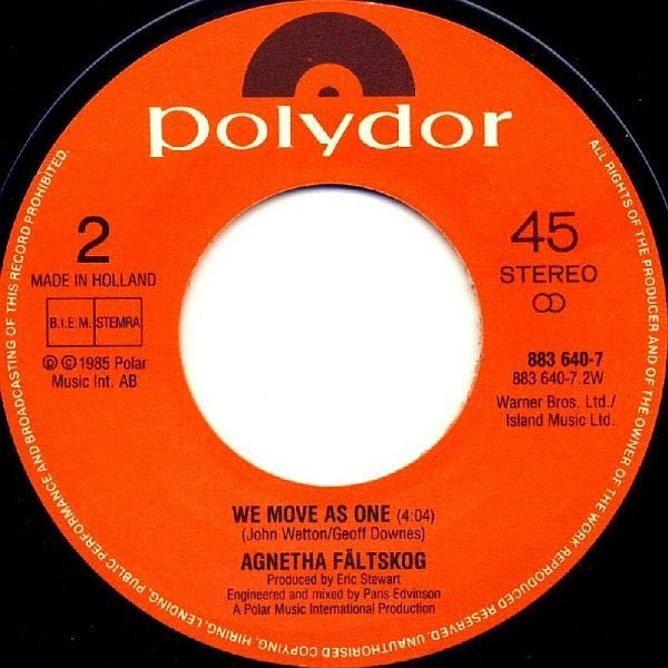 Agnetha Fältskog : The Angels Cry / We Move As One (7", Single)