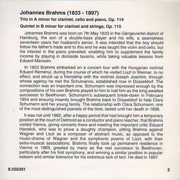 Johannes Brahms - József Balogh (2), Jenö Jandó, Csaba Onczay, Danubius String Quartet : Clarinet Trio, Op. 114 / Clarinet Quintet, Op. 115 (CD, Album)