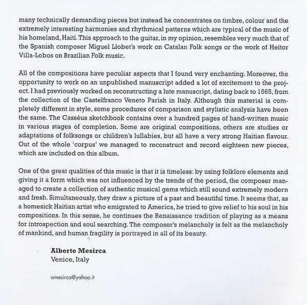 Alberto Mesirca : Haitian Suite - The Music Of Frantz Casseus (CD)