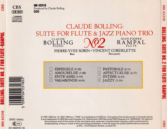 Jean-Pierre Rampal, Claude Bolling : Bolling: Suite No. 2 For Flute And Jazz Piano Trio (CD, Album)