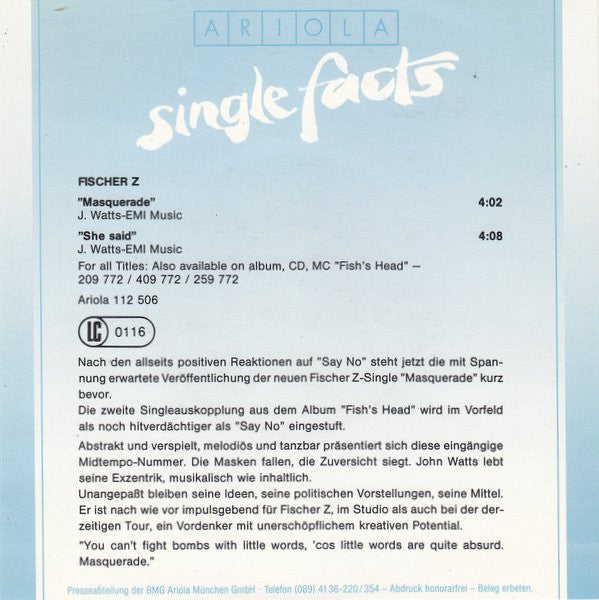 Fischer-Z : Masquerade (7", Single)