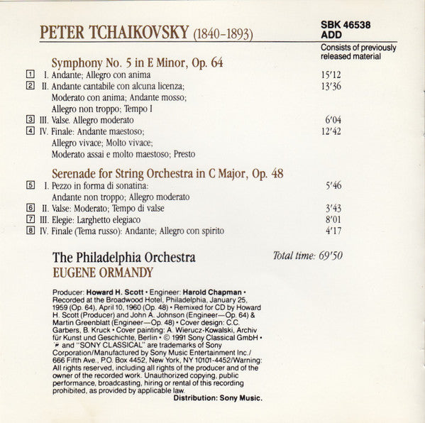 Pyotr Ilyich Tchaikovsky - Eugene Ormandy, The Philadelphia Orchestra : Symphony No. 5 • Serenade For Strings (CD, Comp)