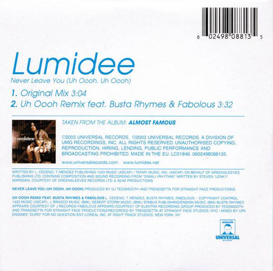 Lumidee : Never Leave You (Uh Oooh, Uh Oooh) (CD, Single, Car)