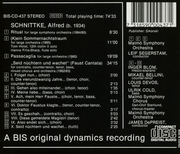Alfred Schnittke / Malmö Symphony Orchestra, Leif Segerstam, James DePreist : Ritual / (K)ein Sommernachtstraum / Passacaglia / Seid Nüchtern Und Wachet (Faust Cantata) (CD, Album)